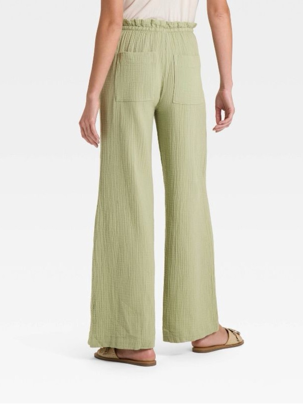 Universal Thread Wide-Leg Drawstring Gauze Cotton Pants in Olive Green Var Sizes - Picture 3 of 11